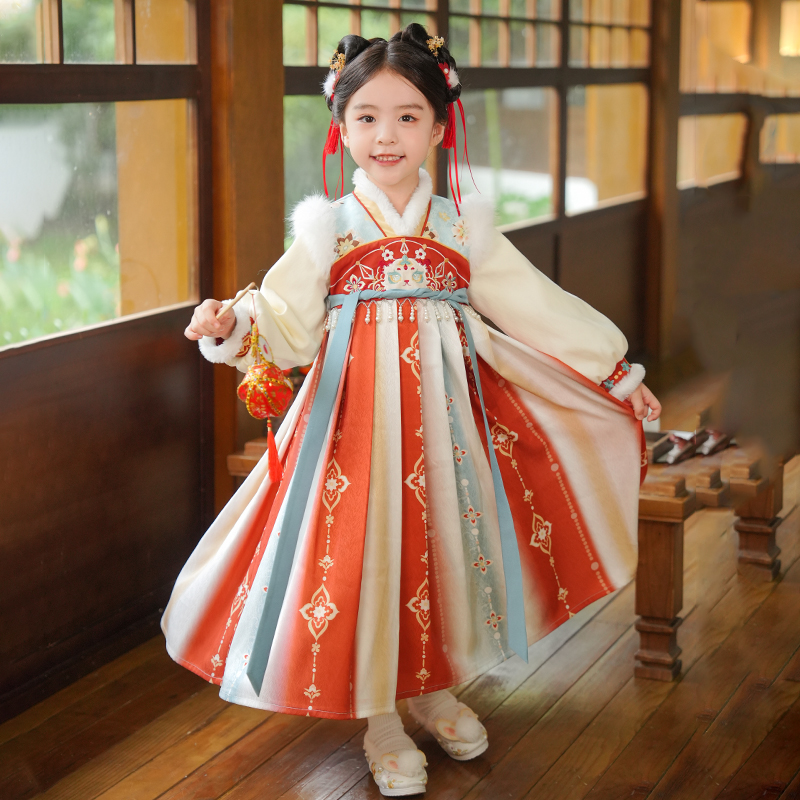 古月家.千重翠 汉服女童冬季加绒连衣裙儿童古风襦裙新年拜年服