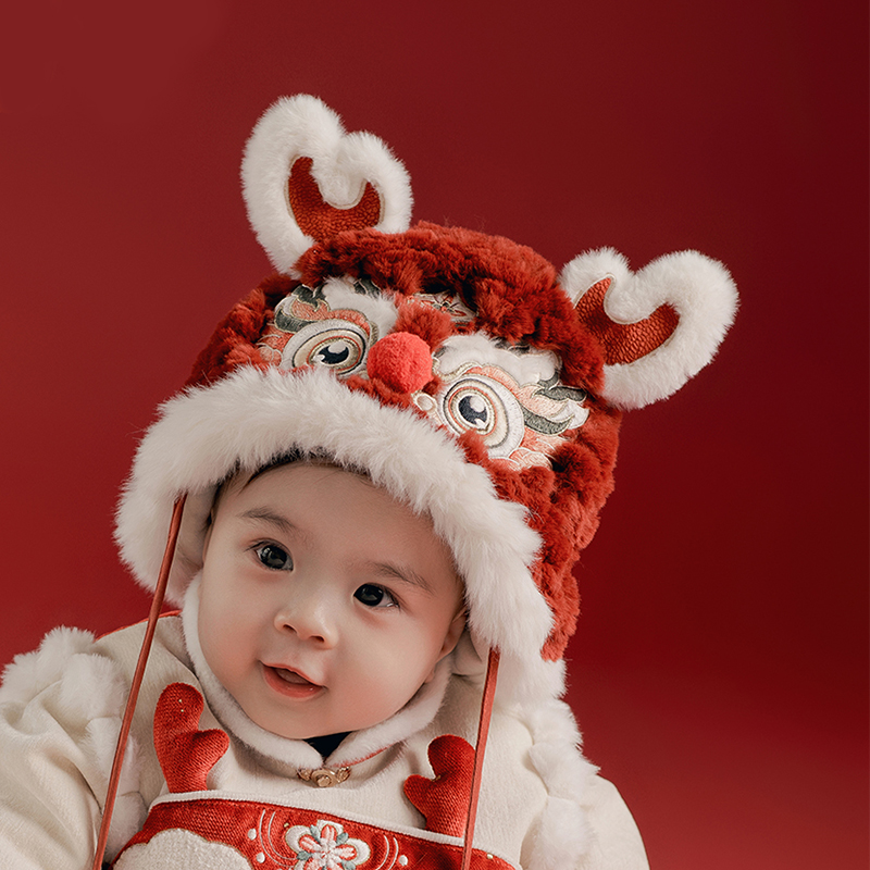 古月家宝宝冬款新年龙头帽儿童中国风红色喜庆过年帽男女童虎头帽