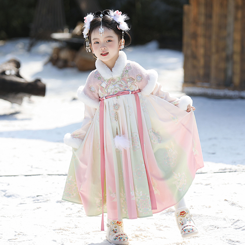 古月家.喜梢 汉服女童冬款儿童加绒加厚国风公主连衣裙女宝拜年服