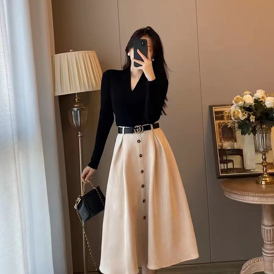 女装大码时尚百搭小香风显瘦气质轻奢高腰法式秋冬拼接长袖中长款