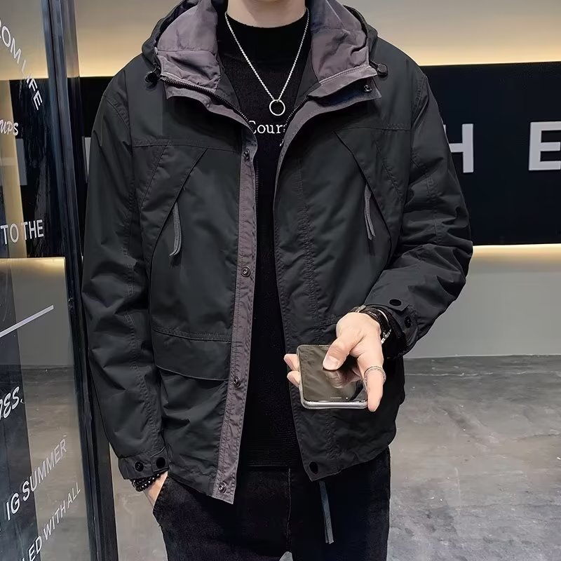 港风秋冬季三合一加绒男士连帽外套休闲加厚夹克男韩版百搭宽松