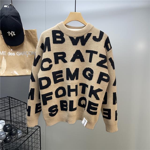 毛衣男士冬季满印字母提花宽松加厚设计感圆领上衣潮牌美式针织衫