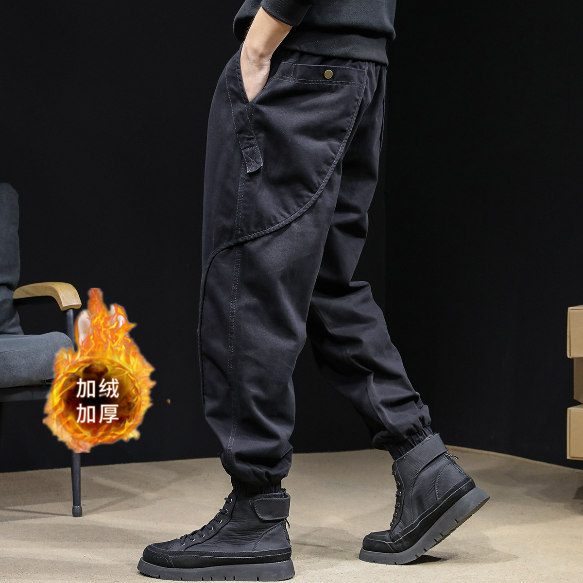 美式复古男款冬季工装长裤子秋季款男士加绒加厚休闲潮牌束脚裤