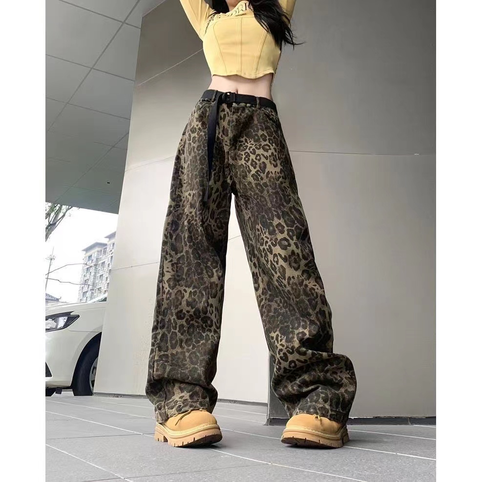 垂感显瘦美式高街宽松休闲豹纹牛仔裤男秋季小众设计直筒阔腿裤