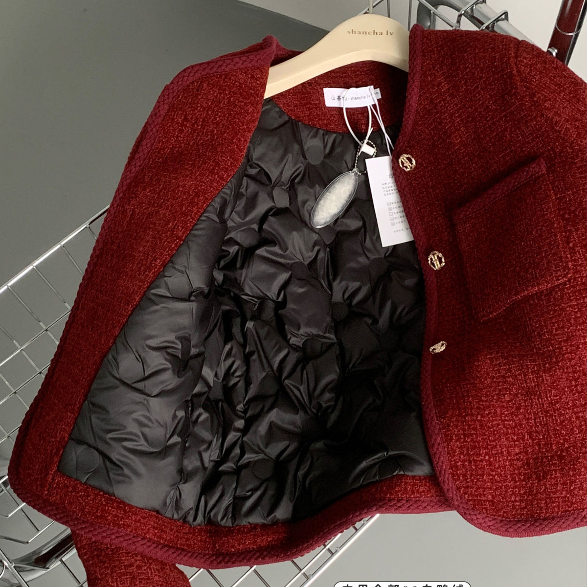 酒红色小香风白鸭绒短外套2023冬季新年圣诞气质高级感羽绒服上衣