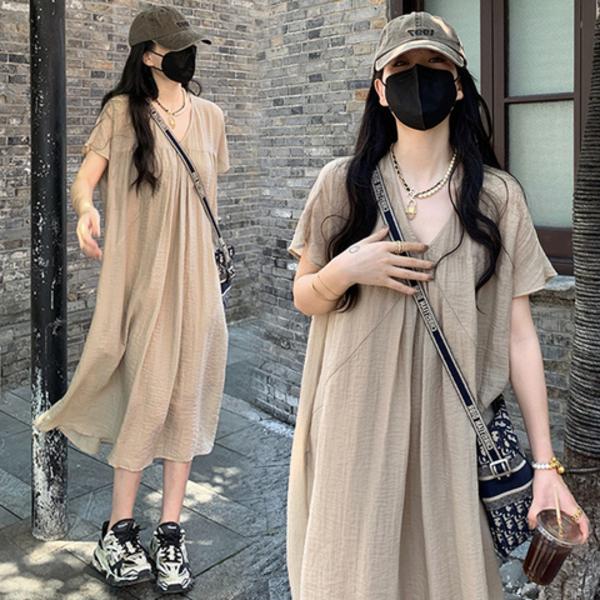 孕妇连衣裙夏装高级感短袖宽松大码裙子夏季复古大码休闲长裙女潮