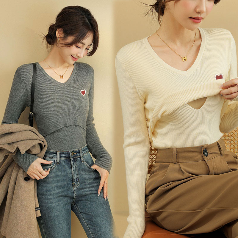 外出辣妈百搭哺乳衣加厚针织衫毛衣秋冬产后加厚喂奶衣打底上衣