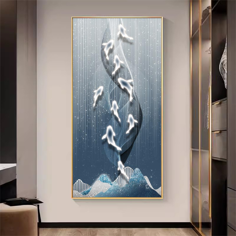 玄关轻奢抽象九鱼图高端晶瓷装饰画高端过道入户走廊立体竖版挂画