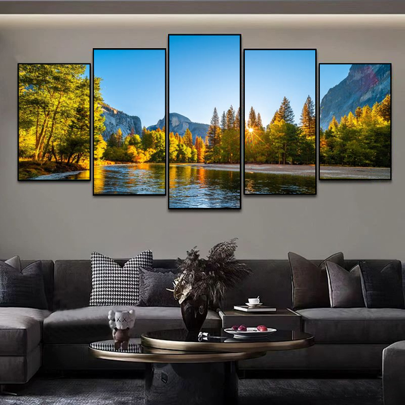 现代装饰画客厅沙发背景墙挂画风景画五联画晶瓷新款壁画铝合金框