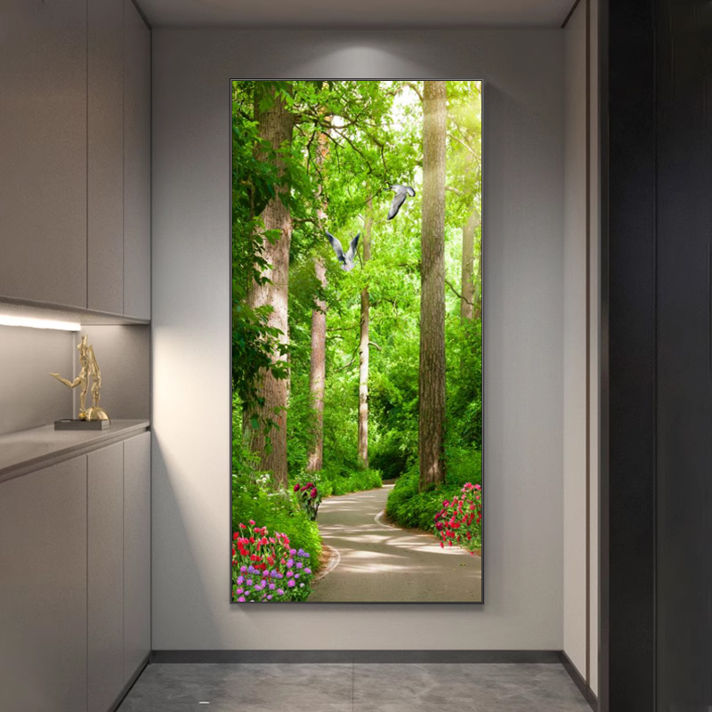 树林自然风景麋鹿晶瓷镶钻玄关装饰画轻奢客厅走廊过道挂画竖版
