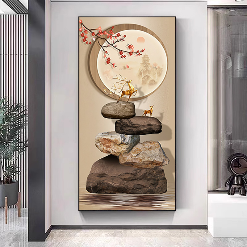 玄关中式时来运梅花鹿晶瓷镶钻装饰画客厅过道入户走廊挂画立体