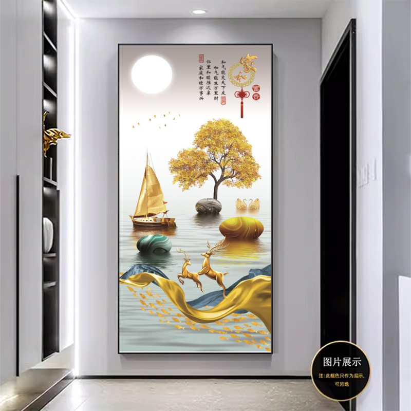 玄关家和麋鹿轻奢高端晶瓷镶钻装饰画过道入户走廊客厅挂画竖版