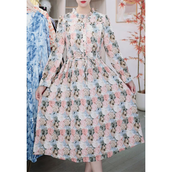 连衣裙女中长款气质显瘦2025新款时尚洋气收腰碎花裙子J2307