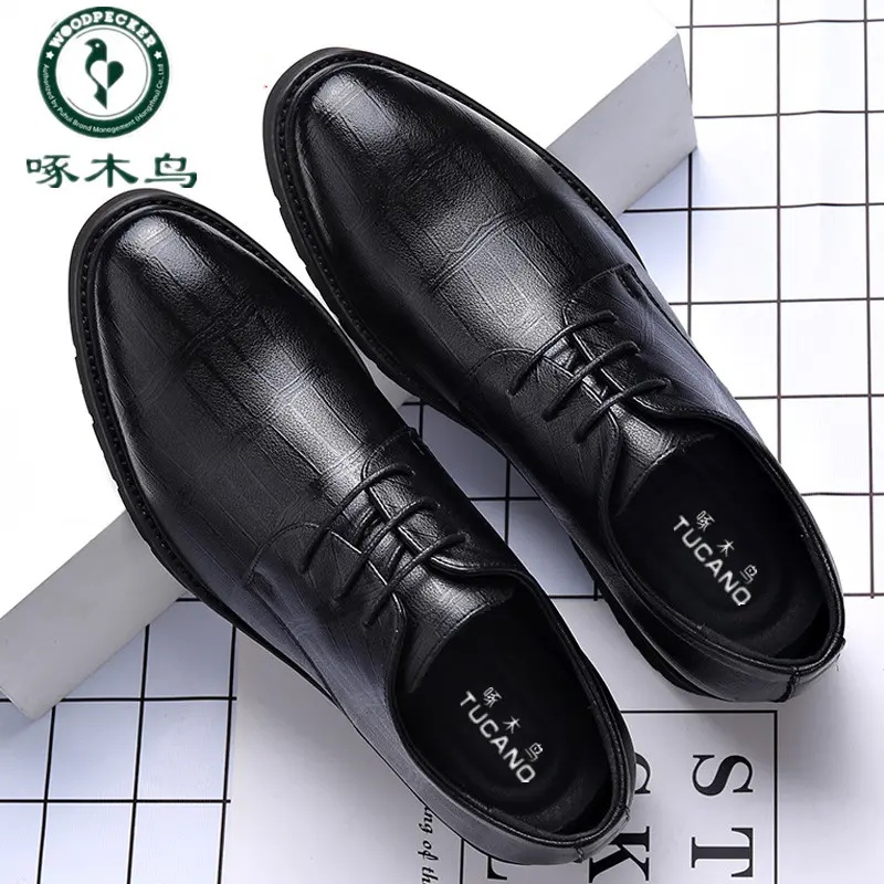 啄木鸟男鞋新款真皮软底内增高商务正装皮鞋英伦新郎婚鞋镂空凉鞋
