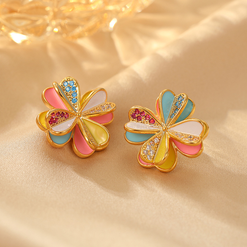 0703#珐琅糖果#花朵锆石耳钉中古风Vintage饰品