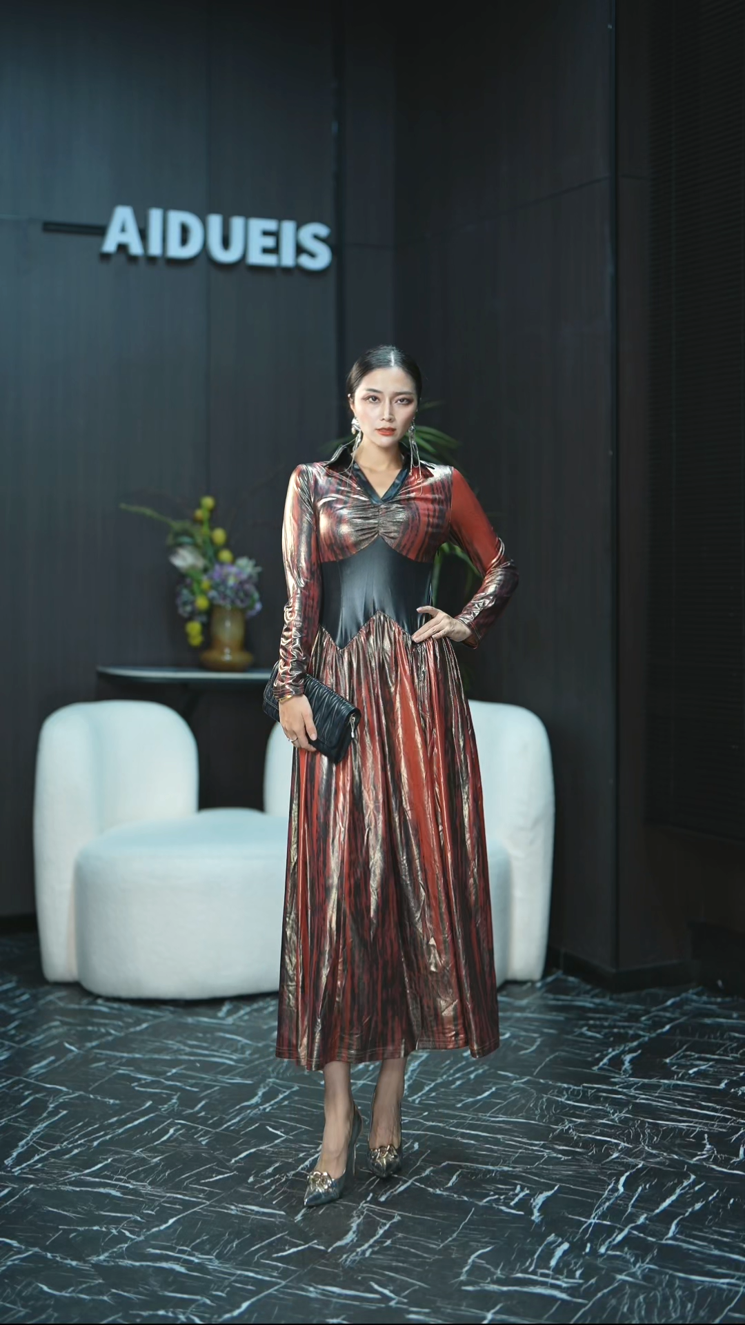 AIdueis356时尚秋季显瘦气质红色修身长袖中长款印花女装连衣裙