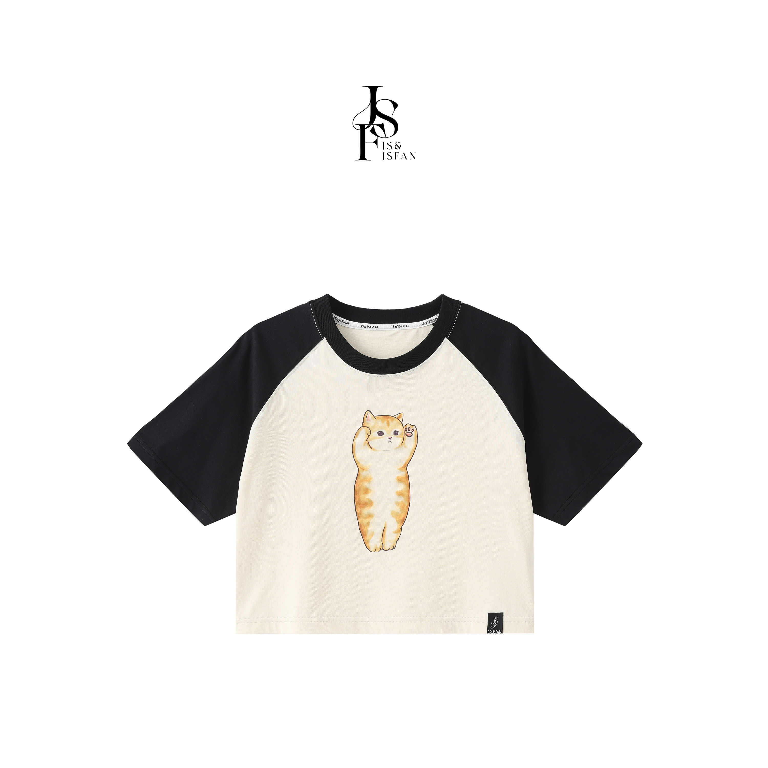 JS&JSFAN百搭插肩袖拼接印花猫咪t恤女上衣撞色短款全棉短款辣妹