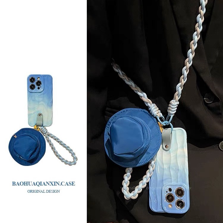 高级晕染蓝书包斜挎适用苹果14promax手机壳iPhone15手绳13女1211