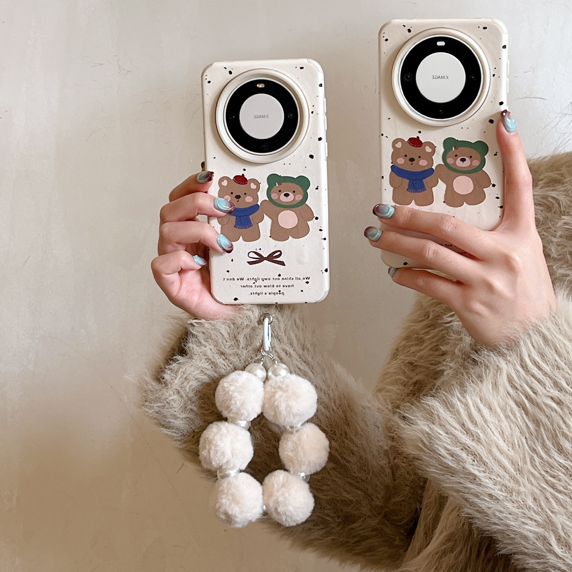 小熊毛绒手绳适用华为mate60pro手机壳苹果15女mate50/40pro软p60