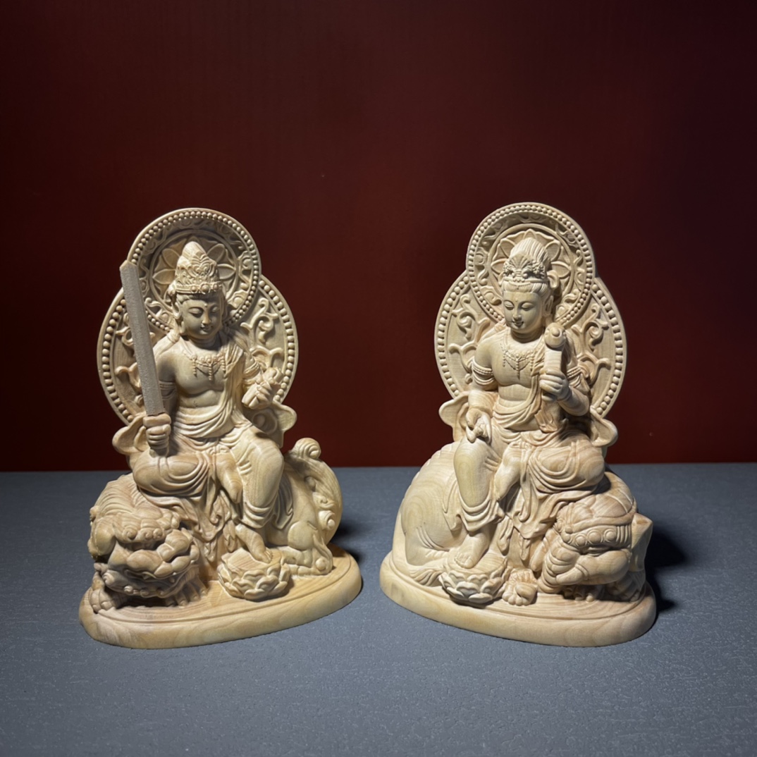 小叶黄杨木雕文殊普贤菩萨佛像本命生肖守护神摆件饰品居家工艺品