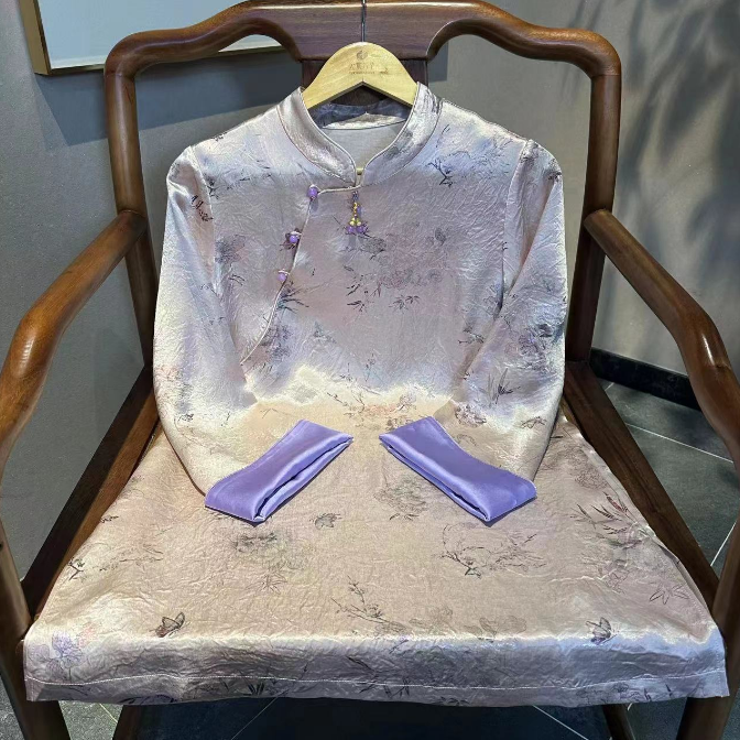 蝶韵 芳华设计新中式复古醋酸斜襟太太服中国风圆领上衣