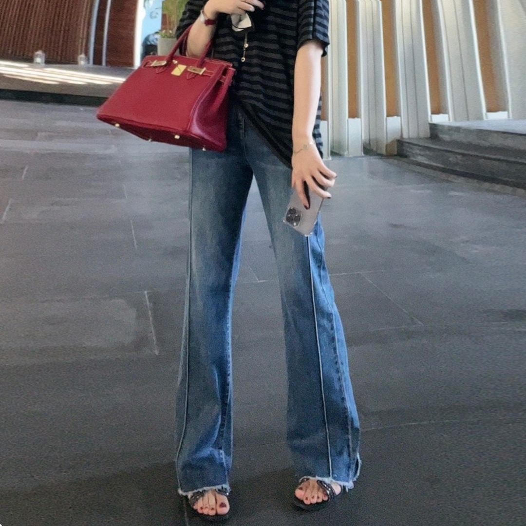 【Linda姐高端线】早春洱海蓝色修身牛仔裤女显瘦微喇裤LA3KNZ043