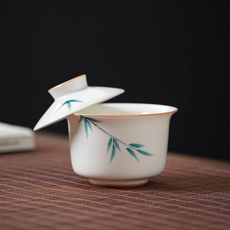 手绘竹韵二才盖碗釉下彩纯手绘马蹄功夫茶具泡茶碗羊脂玉家用悬停