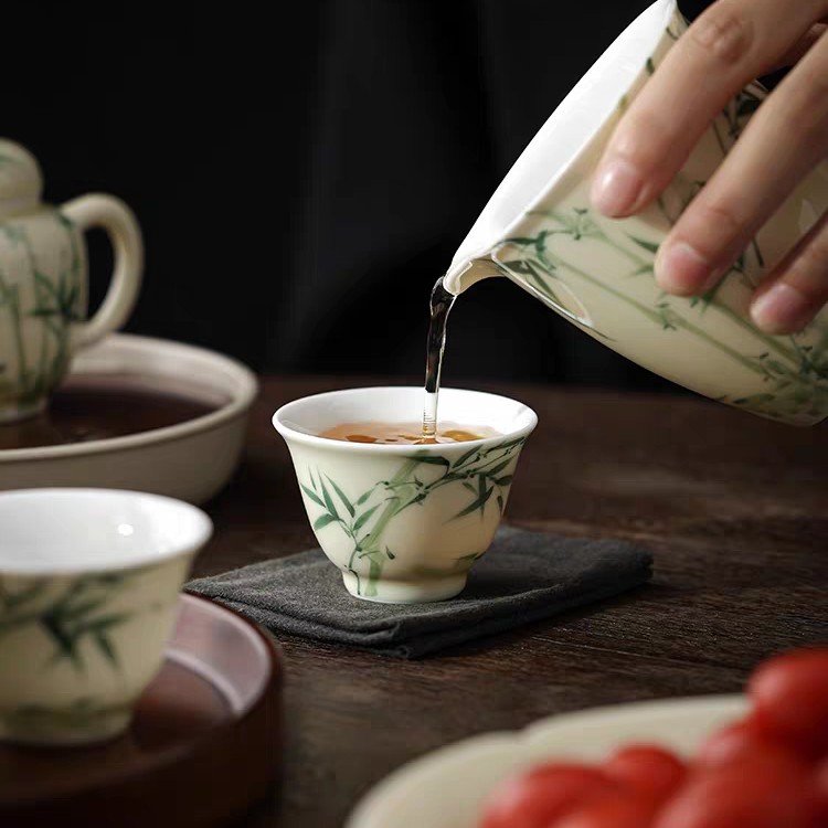手绘翠竹釉下彩手绘主人杯客杯功夫茶杯个人杯茶盏中式陶瓷家用