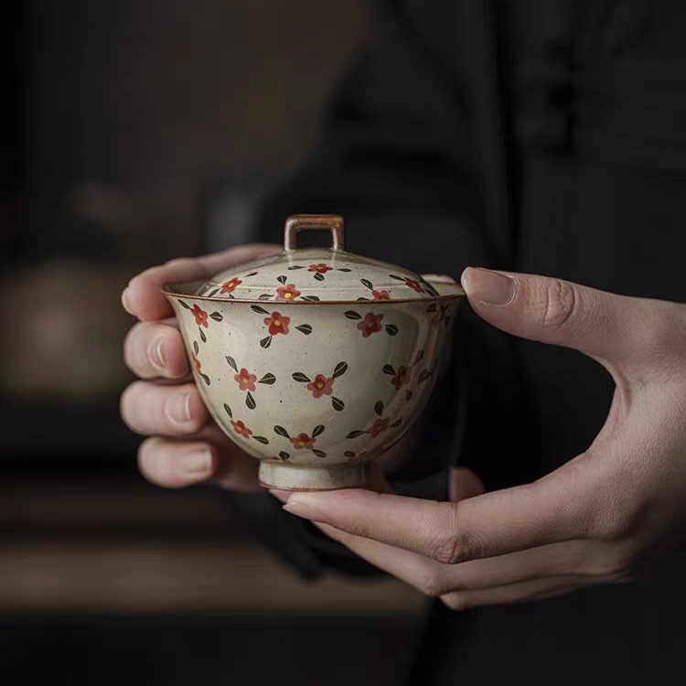 粉引手绘小碎花仿古盖碗功夫茶具泡茶碗釉下彩复古陶瓷中式茶具