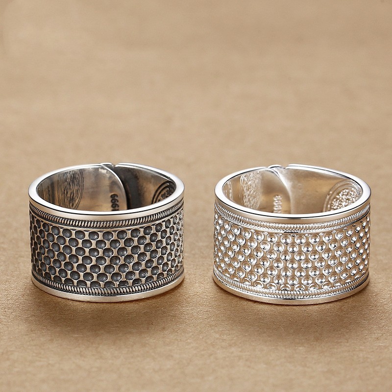 足银戒指 999足银霸气宽版男士戒指复古大码个性潮流可调节戒指