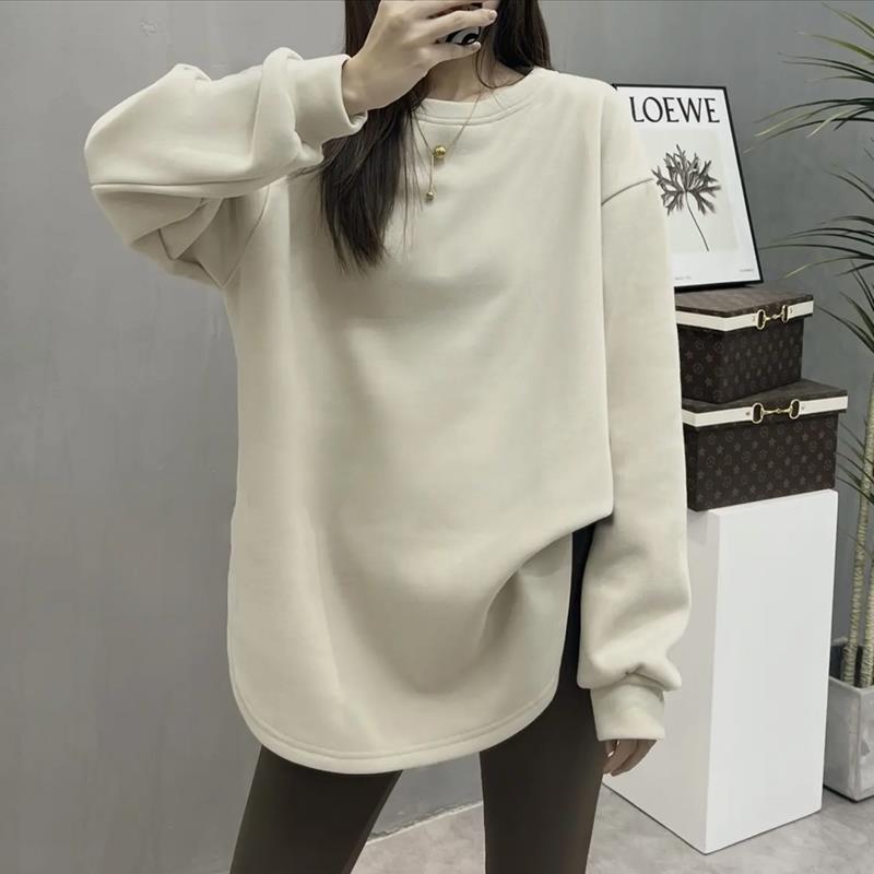 中长款德绒打底衫女秋冬季洋气加绒内搭长袖T恤叠穿加厚白色上衣