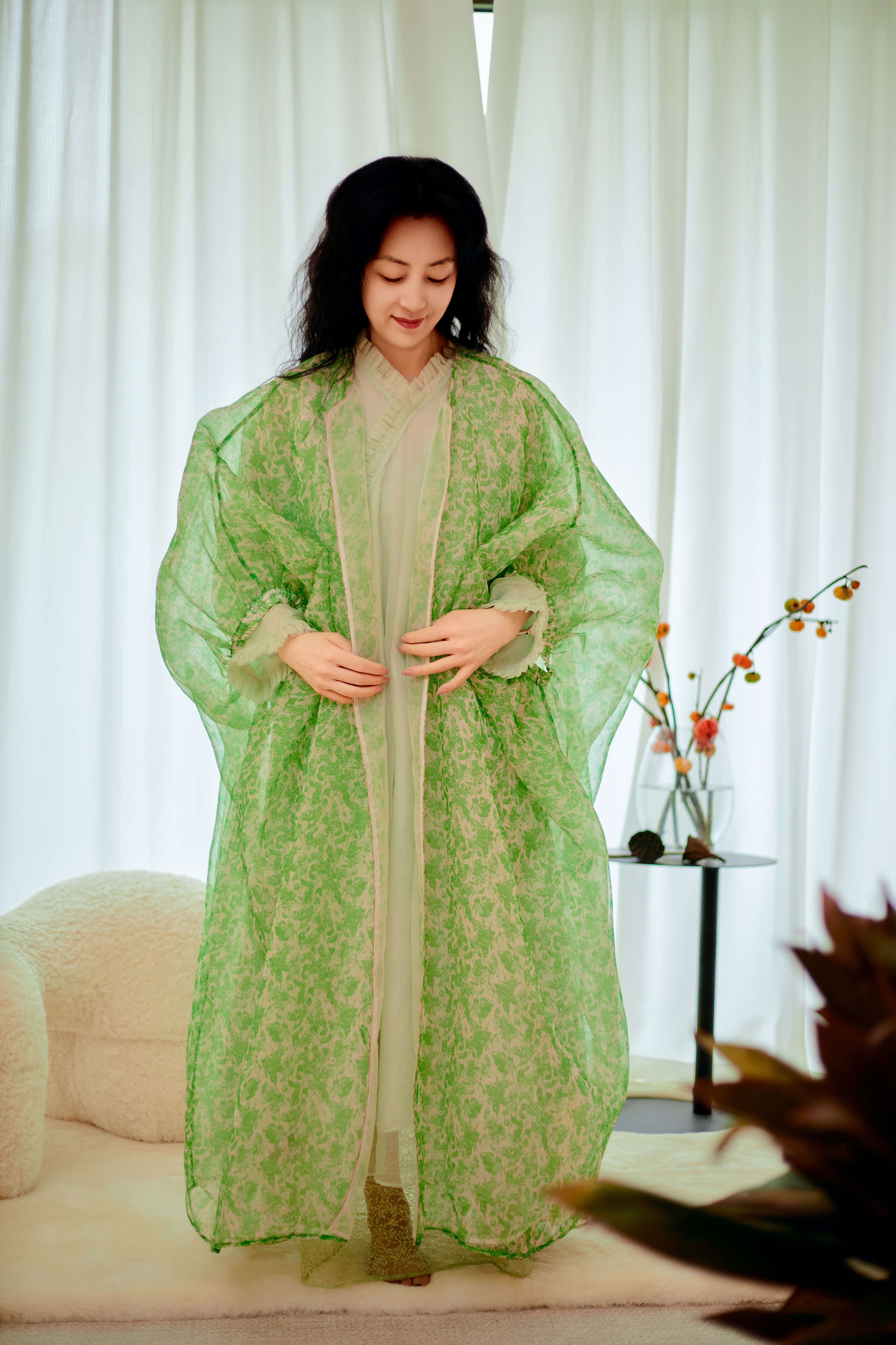 乌兰吉雅 原创设计 风轻云淡开衫长袍绿色中国风印花复古