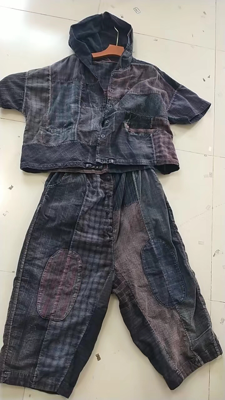 复古磨白做旧连帽拼接上衣