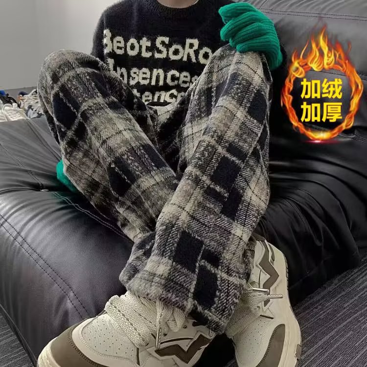 男士秋冬季美拉德系穿搭格子毛呢休闲裤阔腿裤百搭潮款加厚保暖款