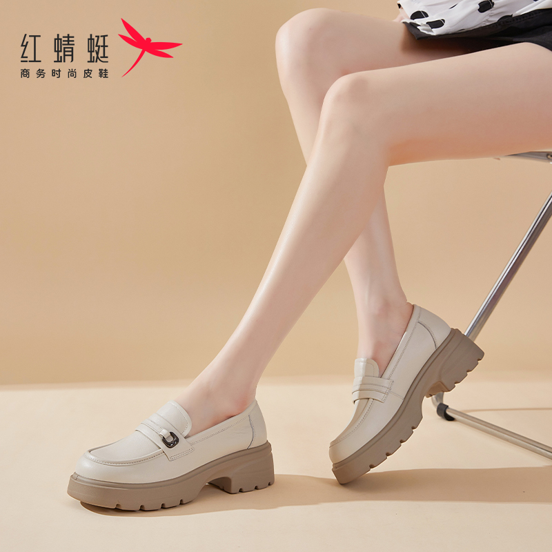 红蜻蜓女乐福鞋软底新款复古英伦风单鞋小个子厚底法式粗跟小皮鞋