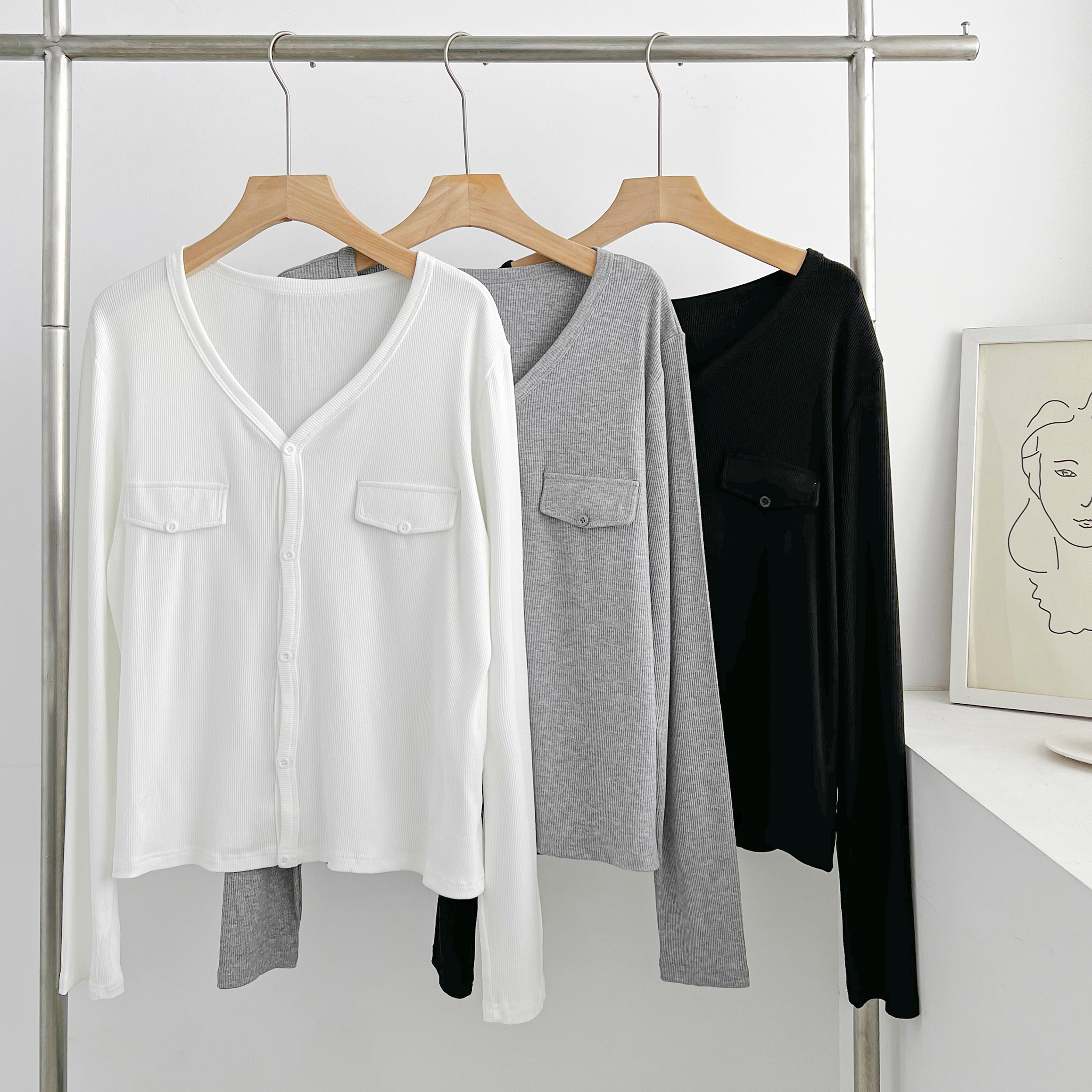 针织棉螺纹阔版纽扣开衫 E667