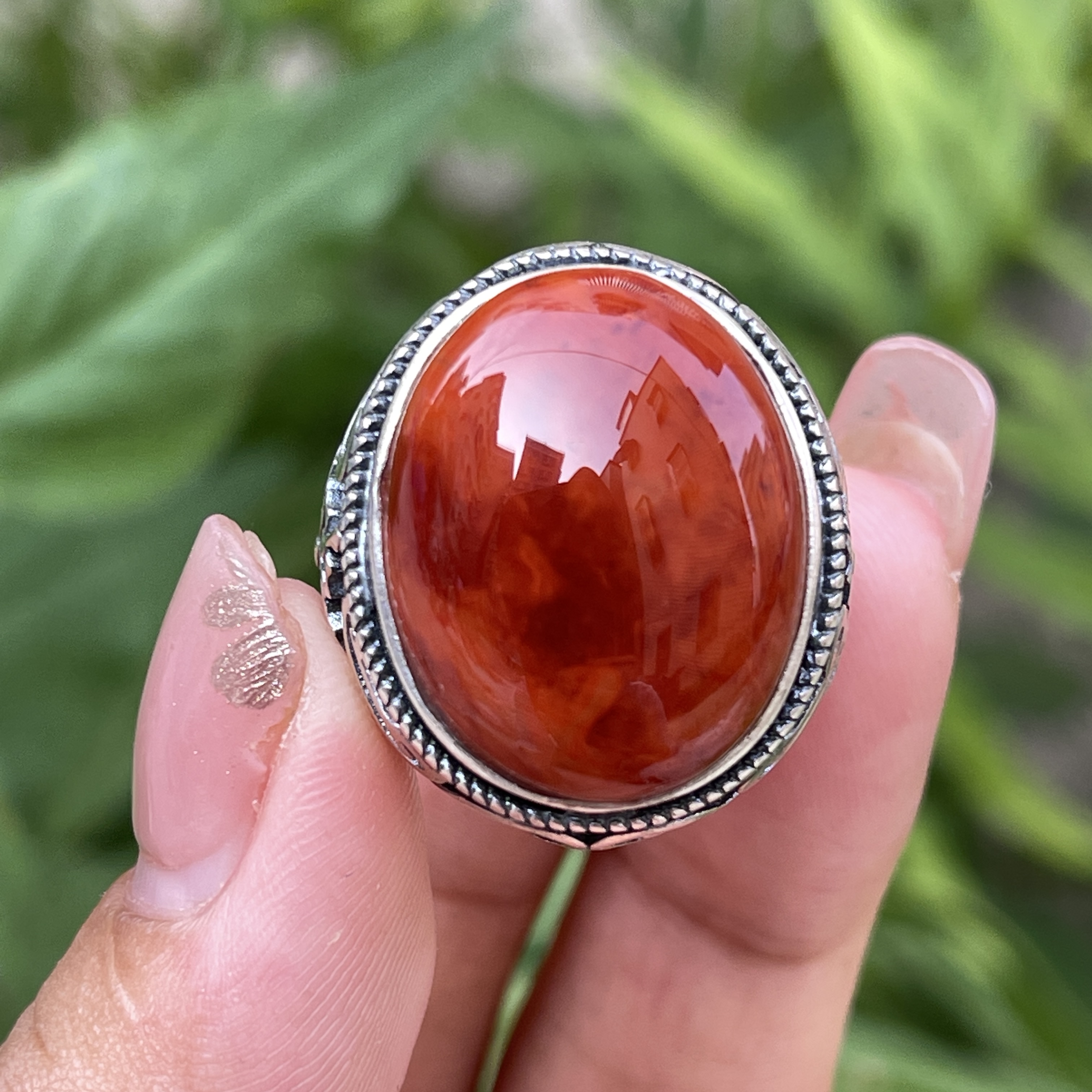 收藏级 南红玛瑙瓦西牛血红柿子红双色男戒 颜色红润 s925银镶嵌 