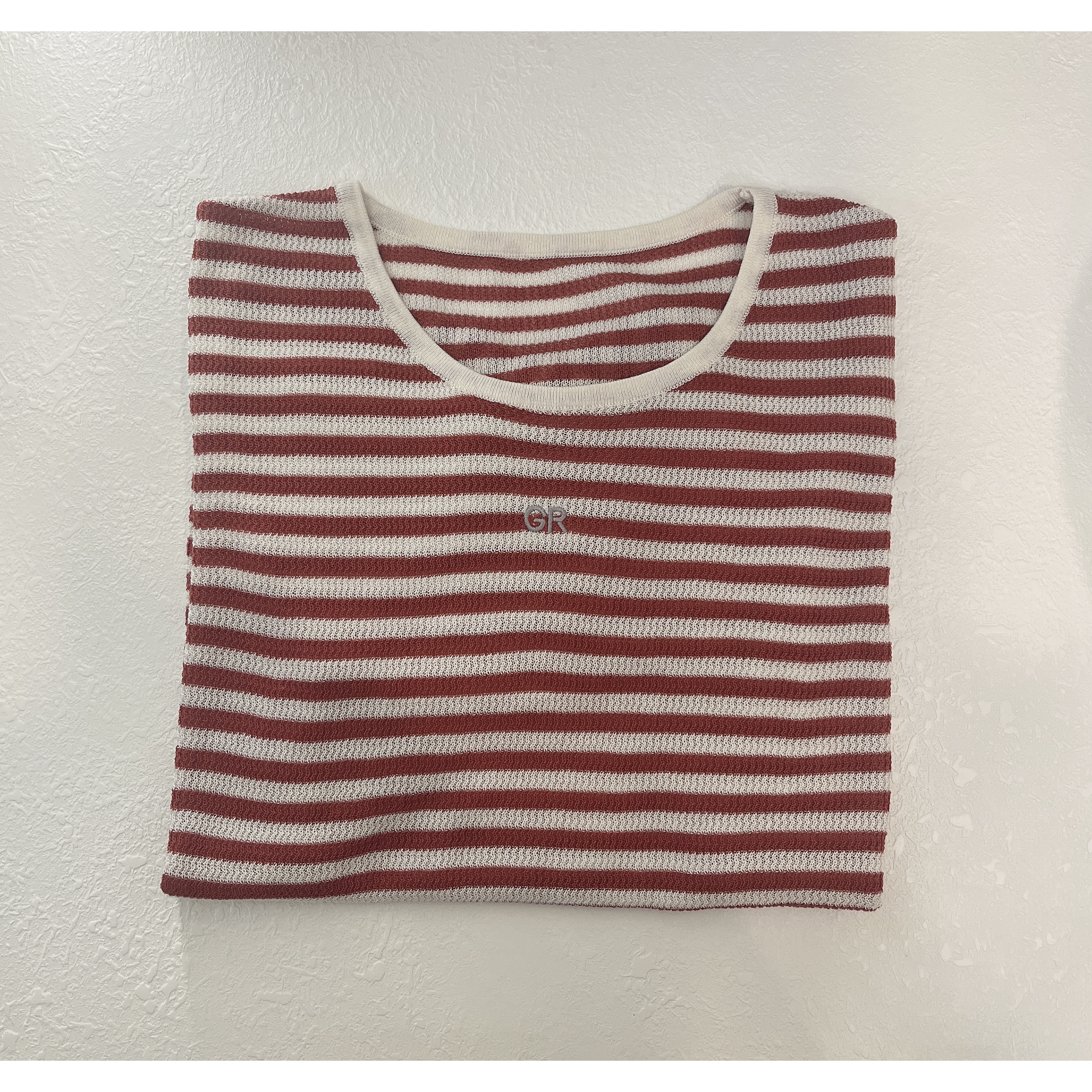 /红色条纹短袖/ 条纹针织正肩短袖女设计感宽松上衣 93126