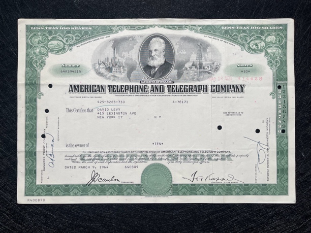 美国电信ATT公司股票，世界品牌500强12名，美钞厂雕板防伪印刷