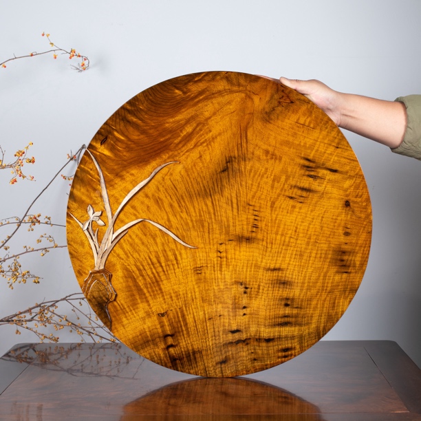 金丝楠木阴沉水波纹雕刻兰花小品圆盘摆件（58cm/5cm）