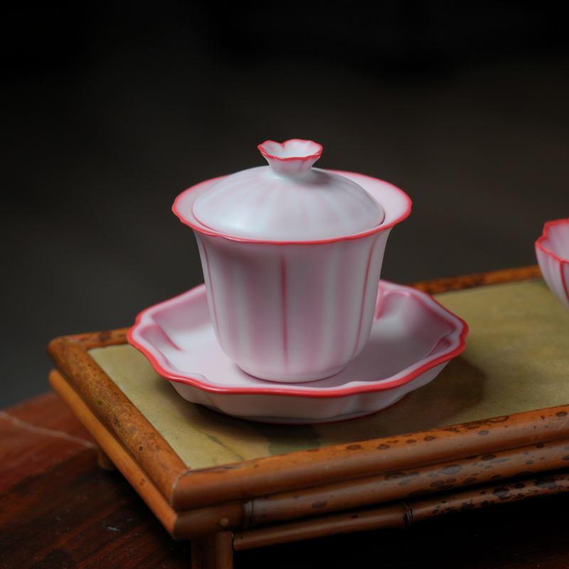 粉色盖碗家用泡茶功夫茶具中式瓷盖碗胭脂红复古纯手工色釉陶瓷