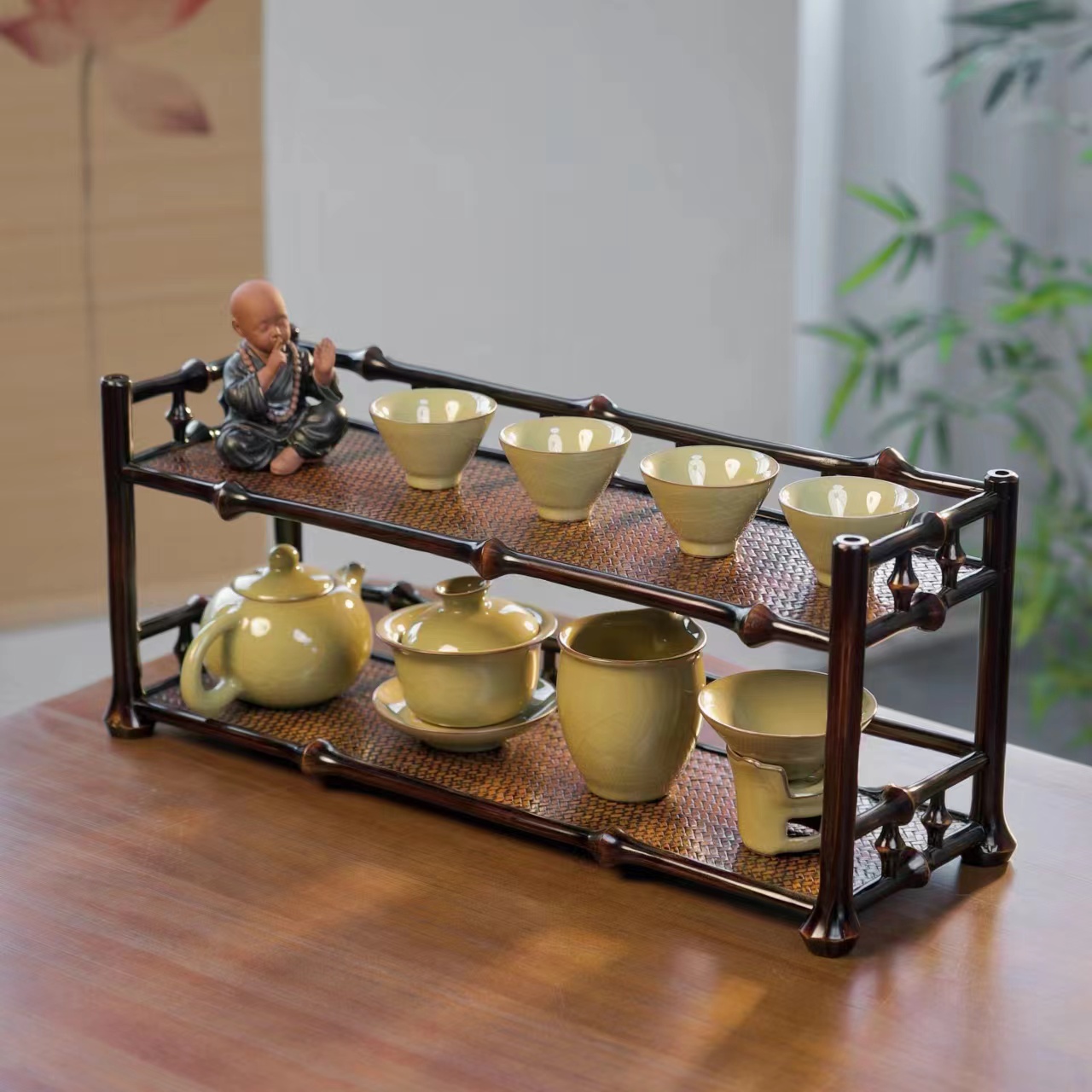 筇竹双层收纳壶架杯架手工榫卯工艺竹制茶棚博古架中式茶杯架
