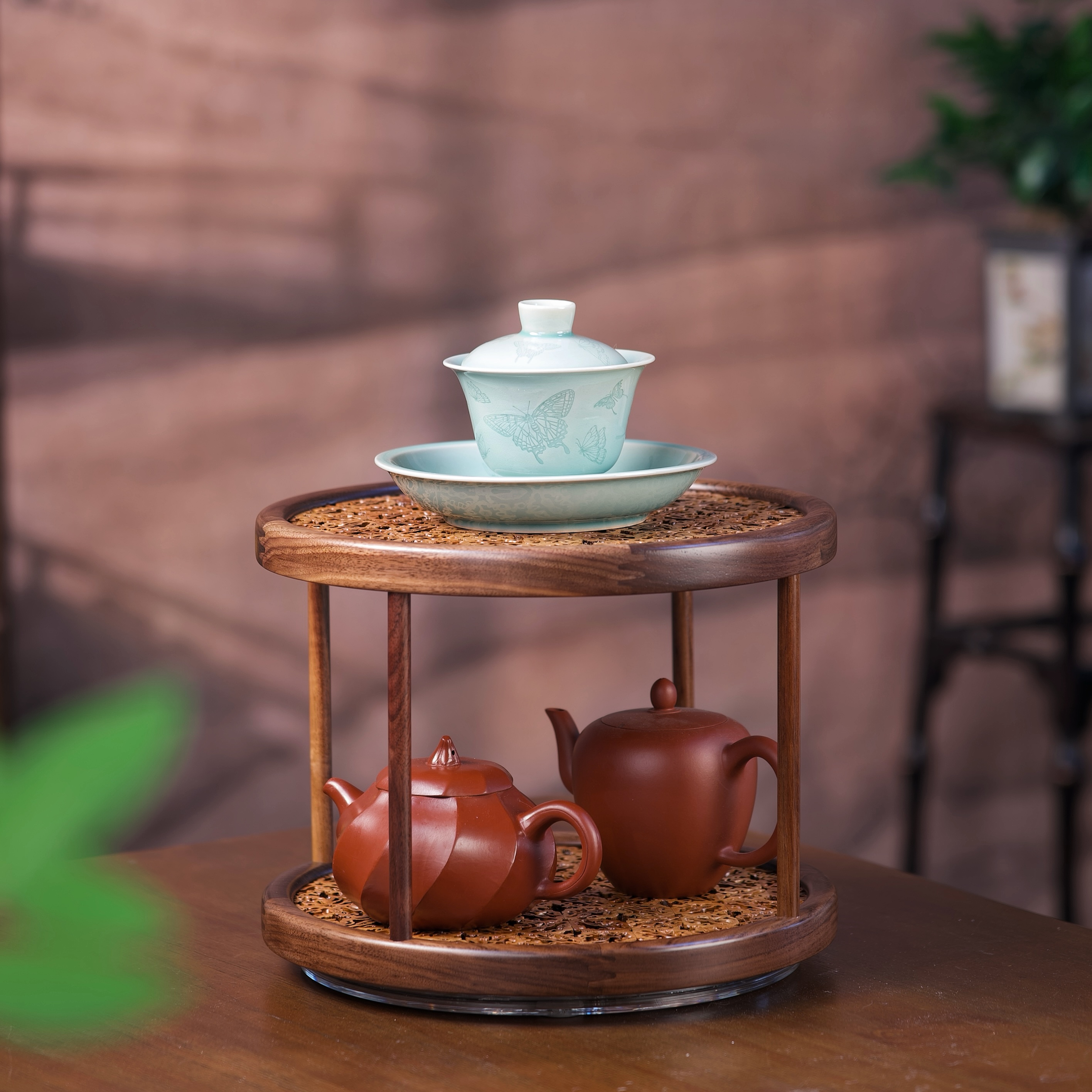 核桃旋转杯架壶架双层核桃架子茶具收纳整理展示架
