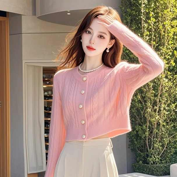 甜美可爱风格衣服粉色毛衣女时尚春款针织衫浅色短款上衣小众女装