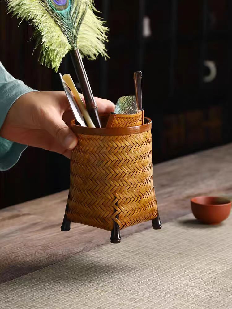 悦喜阁复古日式竹编茶筒茶夹茶拨茶道六君子收纳筒茶道茶席零配件