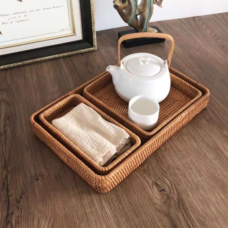 藤编托盘家用餐桌收纳茶杯水杯水具茶盘客厅长方形蛋糕点零食果盘