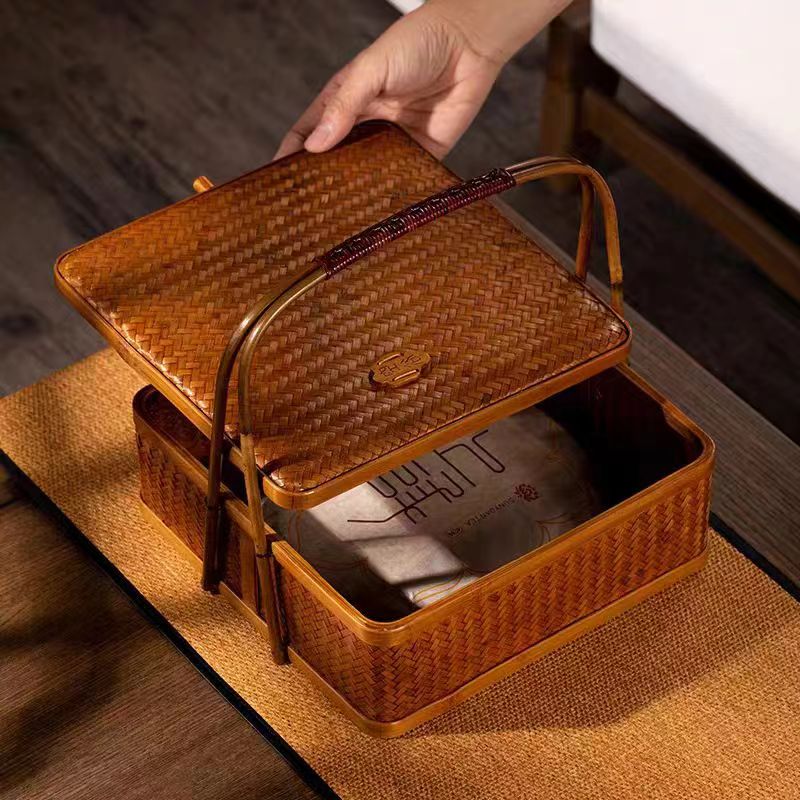 手工竹编复古提篮 茶具茶杯收纳盒 新中式食盒