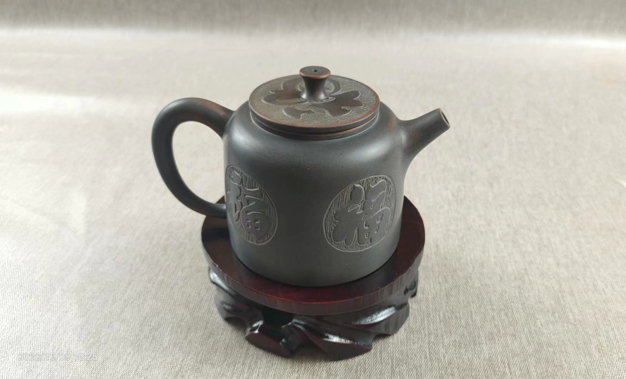 钦州坭兴陶陶瓷坭兴陶茶壶精美浮雕古铜色烧水中式五福全手工精美