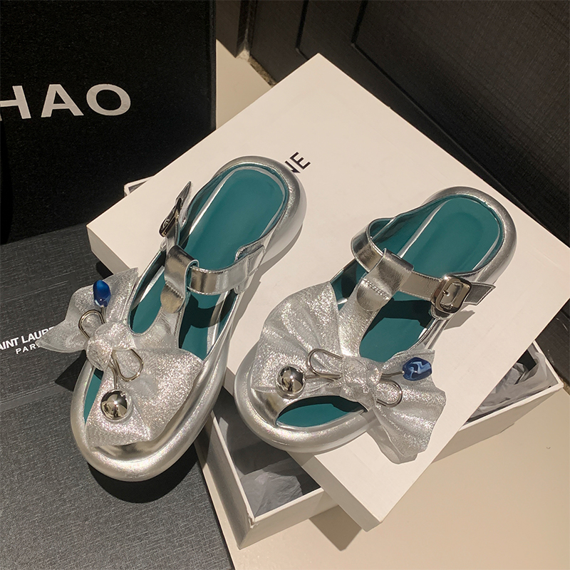 包头中跟松糕底包头夏季凉拖防滑ins坡跟露趾小皮鞋网红乐福鞋女
