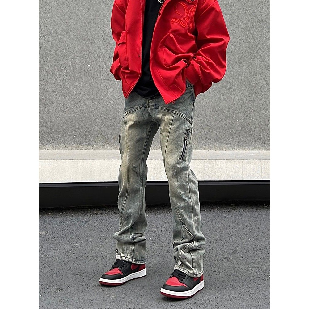 美式街头复古黄泥染拼接牛仔裤男高街vibe风排扣设计感微喇长裤子